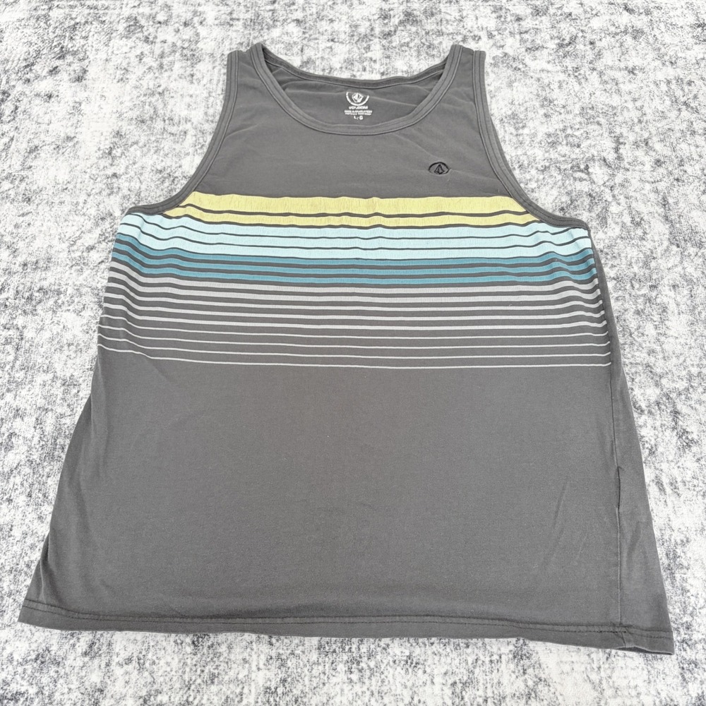 Volcom Mens Striped Graphic Sleeveless Tank Top Large Gray Surf Skate Summer